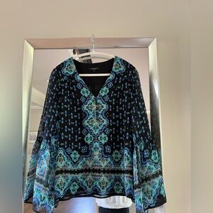 Nanette Lepore Black and Blue Graphic Asymmetrical Blouse